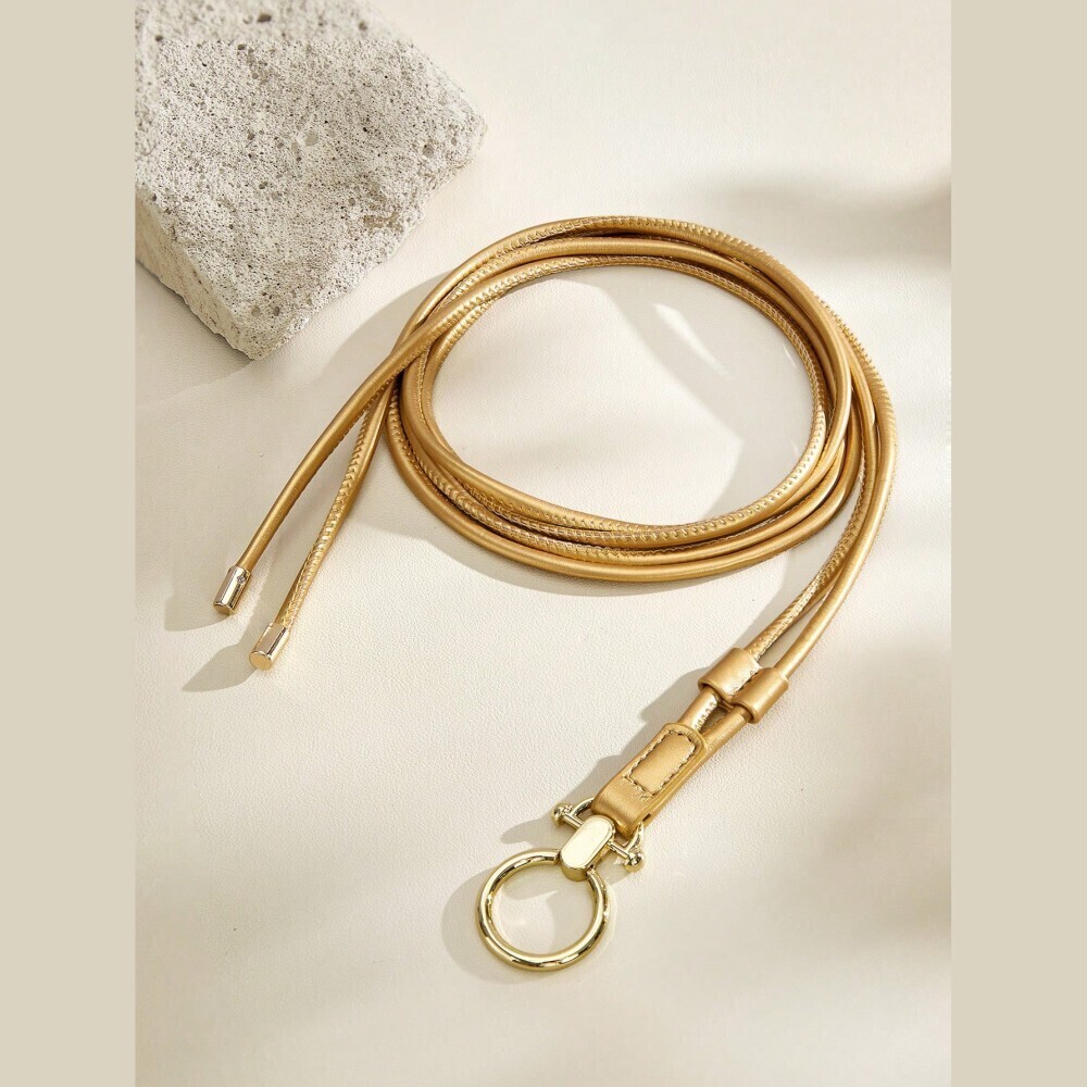 Metallic Gold Faux Leather Rope Cord Long Tie Belt w/ O-Ring Hardware Buckle